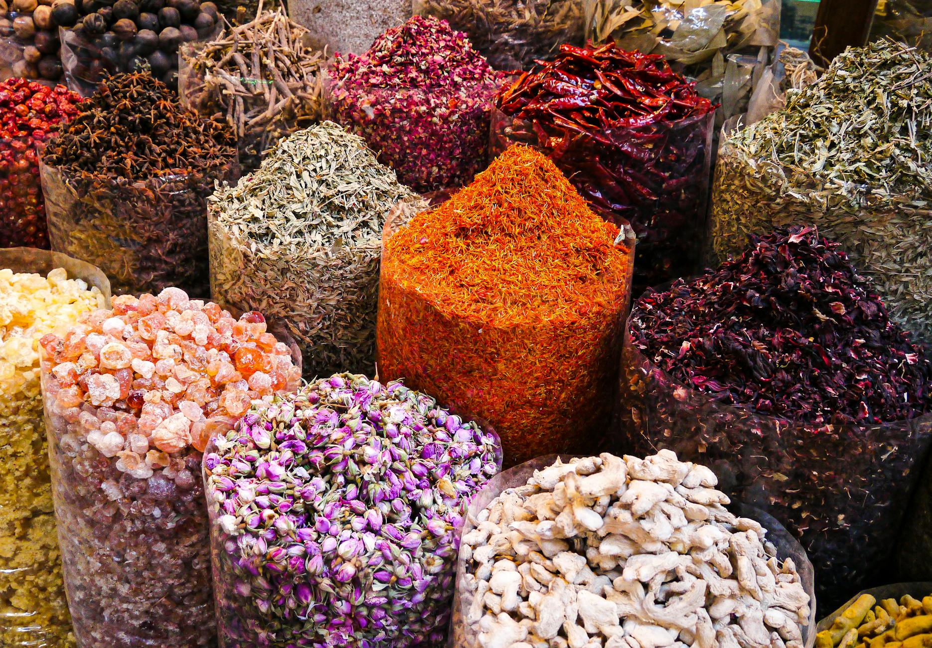 Colorful bags of spices at the Spice Souk